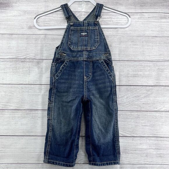 OshKosh B'gosh Baby Size 24M Overalls Blue Jeans Distressed‎ Naturally Snaps - Picture 1 of 9